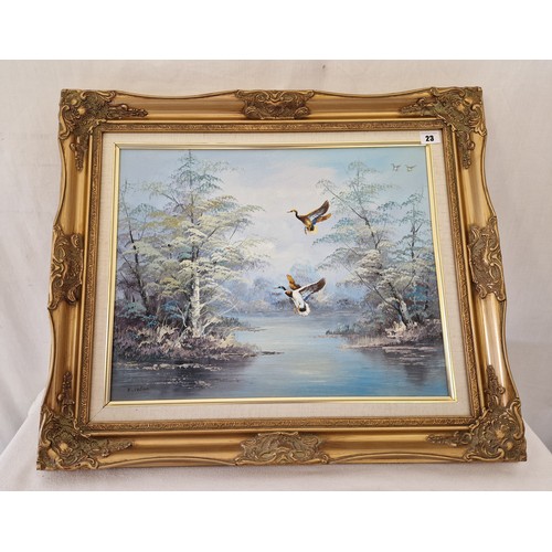 23 - Modern oil on canvas of mallards in a winter scene signed R Nelson