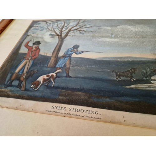 35 - A pair of over painted sporting prints Snipe and Partridge shooting, published 1797 by John Fairburn