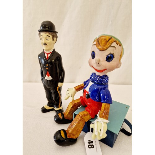 48 - Two figurines comprising Pinocchio with metamorphic arms and a plaster Charlie Chaplin