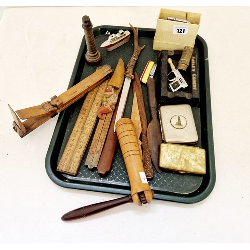 121 - Collectors lot including treen bird scarer, vintage rulers, table lighter etc