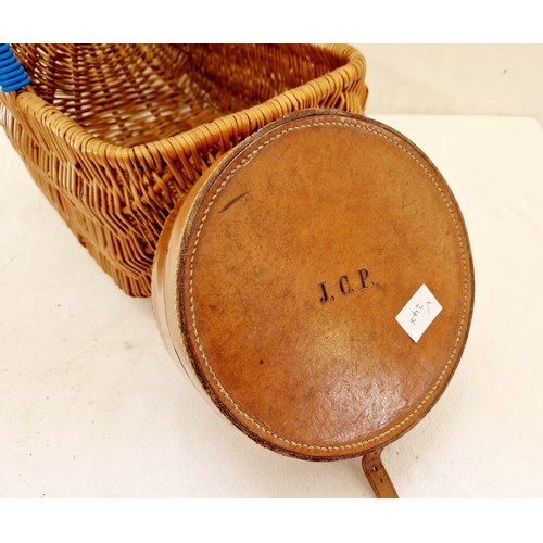 138 - Vintage wicker shopping basket and leather collar box with collars and internal stud box monogrammed... 