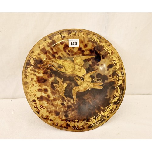 143 - Victorian tortoiseshell shallow bowl with relief gilded birds and border approx. 39cm