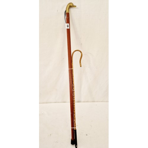 151 - Walking stick with brass duck handles and small brass crook