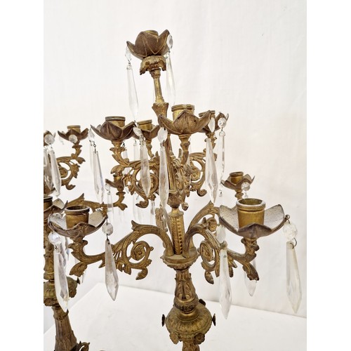 139B - Pair of ornate gilt brass candelabras with lustres approx. 74cm tall