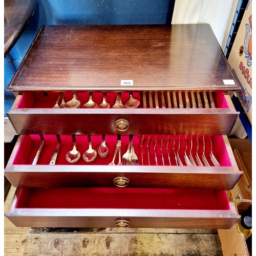 153 - Mahogany 3-drawer canteen containing community plate and other cutlery