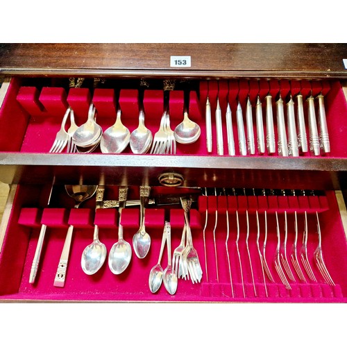 153 - Mahogany 3-drawer canteen containing community plate and other cutlery