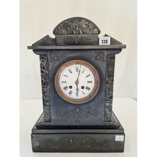 173 - Large Victorian slate mantle clock with marble banding