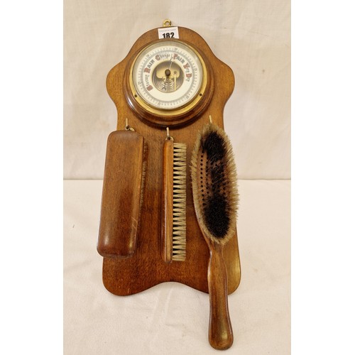 182 - Early 20th century mounted aneroid barometer with cloth brush set