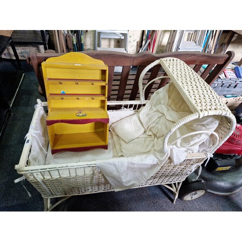 195 - Vintage wicker cot and dolls wooden dresser