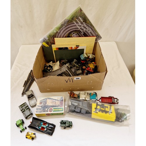 196 - Box of loose playworn vintage toys and various vehicles etc