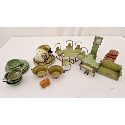 218 - Quantity of vintage enamelled metal dolls furniture including long cased clock and Chad Valley dolls... 