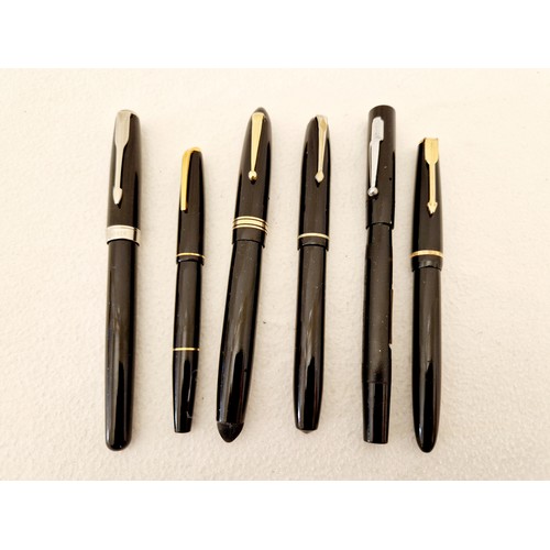 225 - A collection of six black cased fountain pens, two Mabie Todd with 14ct gold nibs, Swan leverless an... 