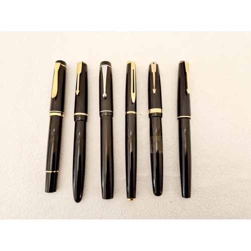 226 - A collection of six black cased fountain pens, three Parker, Victory 14k gold nib, 