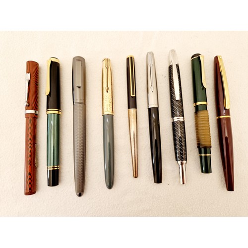 228 - A collection of nine various fountain pens, including Parker, Pelikan, Sheaffer and Platinum lever f... 