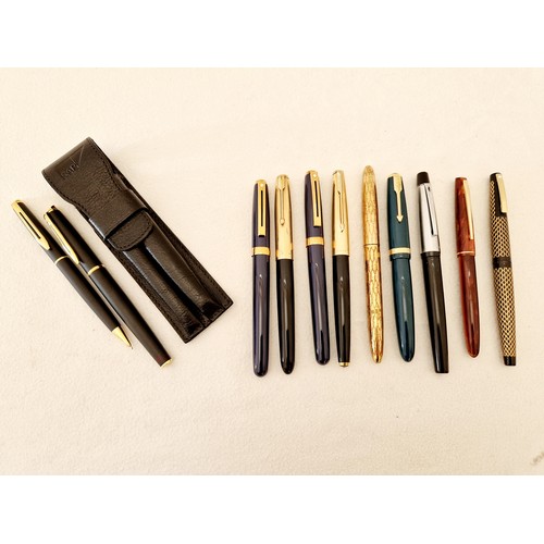 229 - A collection of eleven fountain pens and ball point pens, Sheaffer; Parker; Parker 14K and Duofold 1... 