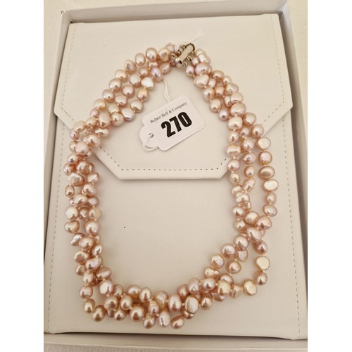 270 - Three row twisted pink potato pearl necklace 18