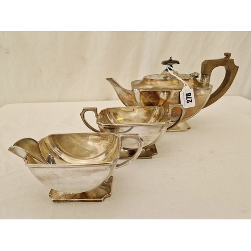 278 - Birmingham 1921 Art Deco silver three-piece tea service, comprising teapot, cream and sugar on recta... 