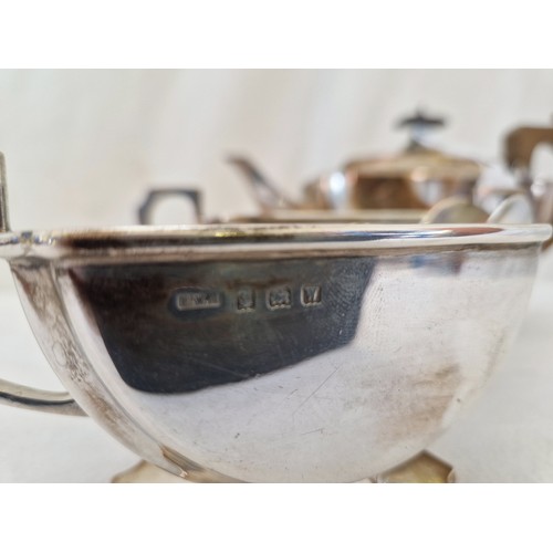 278 - Birmingham 1921 Art Deco silver three-piece tea service, comprising teapot, cream and sugar on recta... 