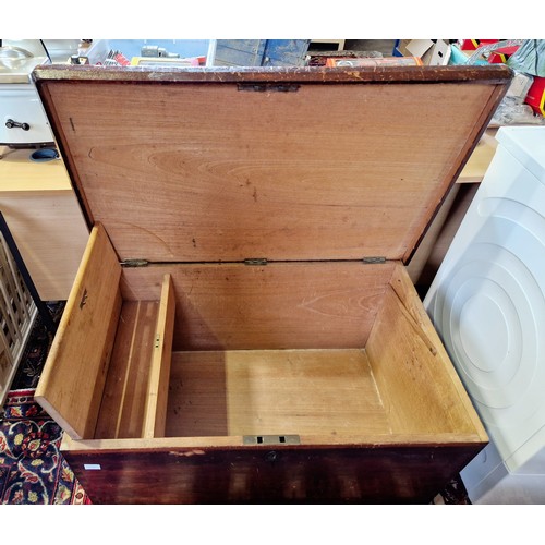 319 - Stained pine blanket box with internal candle box, iron loop handles