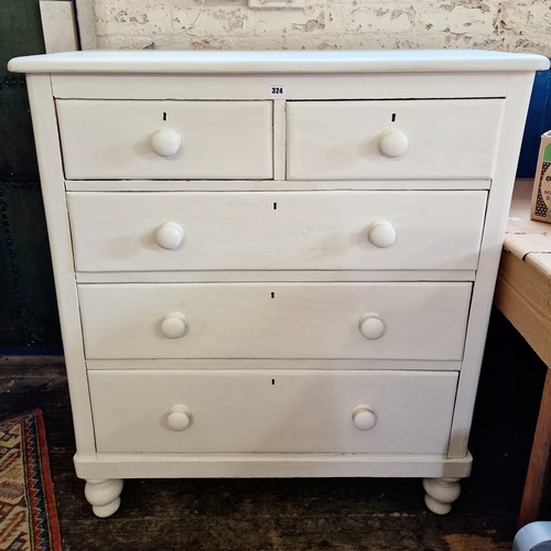 324 - Victorian pine painted straight front chest of 2 over 3 drawers with bun handles and turned feet