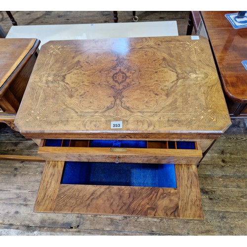 353 - Victorian walnut fold over games table with inlaid inner games surface, boxwood stringing, fitted se... 