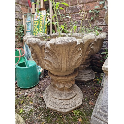 447 - Pair of simulated stone acanthus leaf pedestal urns