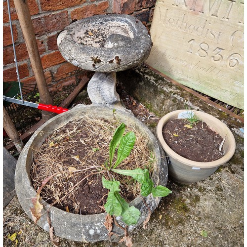 454 - Serpentine bird bath and two planters