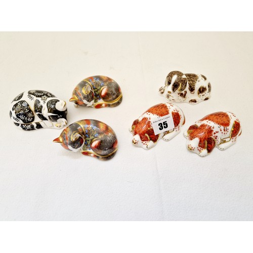 35 - Collection of 6 Royal Crown Derby recumbent cat and dog paperweights incl. Scruff, pair of Puppies, ... 