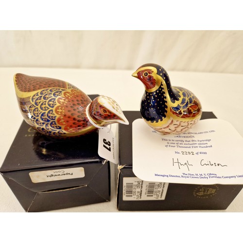 37 - Two boxed Royal Crown Derby bird paperweights Coot and Partridge, latter with certificate, both with... 