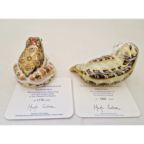 38A - Two Royal Crown Derby paperweights with certificates incl. Harbour Seal with gold stopper and Old Im... 