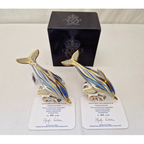 40 - Pair of Royal Crown Derby Striped Dolphin paperweights, one boxed, both with certificates and gold s... 