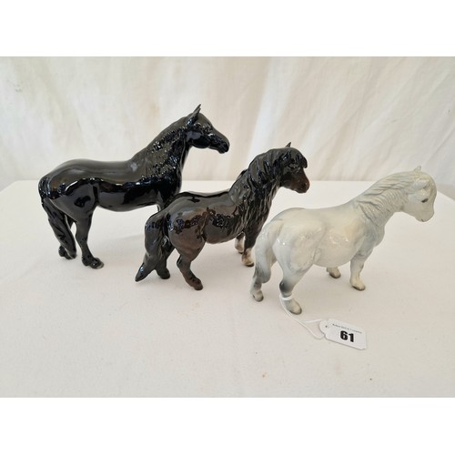 61 - Three Beswick gloss pony's and horses, repaired leg to brown and black horse