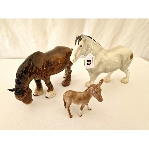 63 - Three Beswick gloss figurines, donkey and two shire horses (repair to one shire leg)