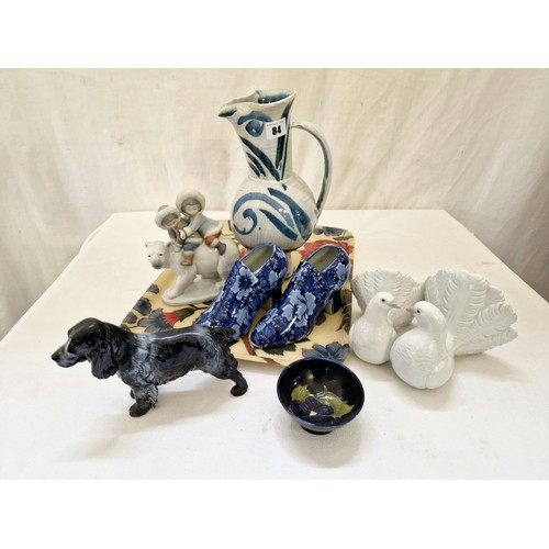 84 - Various ceramic incl. small Moorcroft pansy bowl, 2 Lladro figurines, Royal Doulton spaniel etc