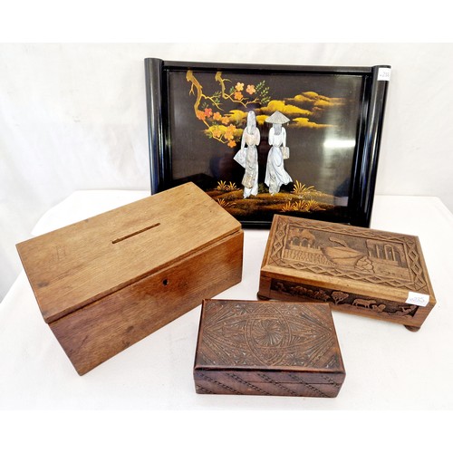 112 - Three various treen boxes and lacquered tray