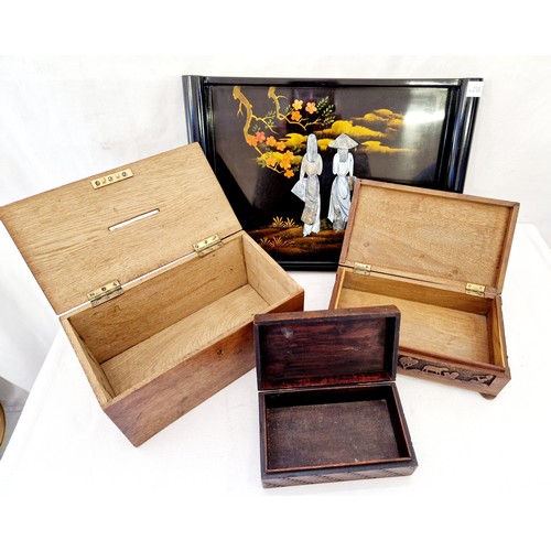 112 - Three various treen boxes and lacquered tray