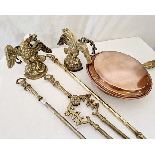 133 - Modern brass fire companions, eagle fire dogs and copper warming pan