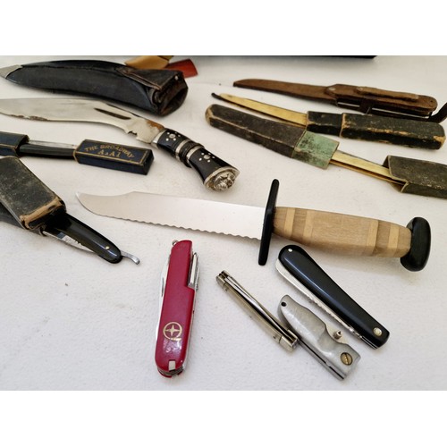 177 - Sheathed Kukri knife, collection of boxed cut throat razors, pen knives etc