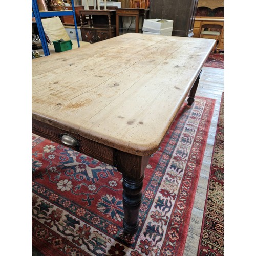 282 - Victorian rectangular pine scrub top kitchen table on a stained base with 2 corresponding drawers wi... 