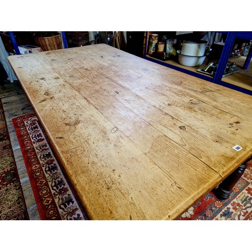 282 - Victorian rectangular pine scrub top kitchen table on a stained base with 2 corresponding drawers wi... 