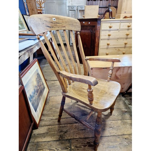 289 - Late Victorian elm grandfather chair with splat back, turned legs and supports