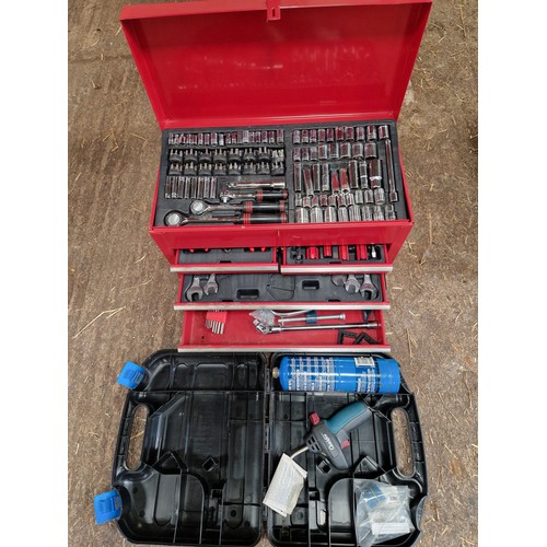 415 - Metal drawered tool box tool set (nearly new) and blowtorch