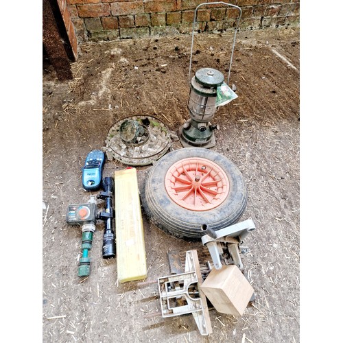 434 - Two wheel barrow wheels, cut glass chandelier, Tilley lamp etc.