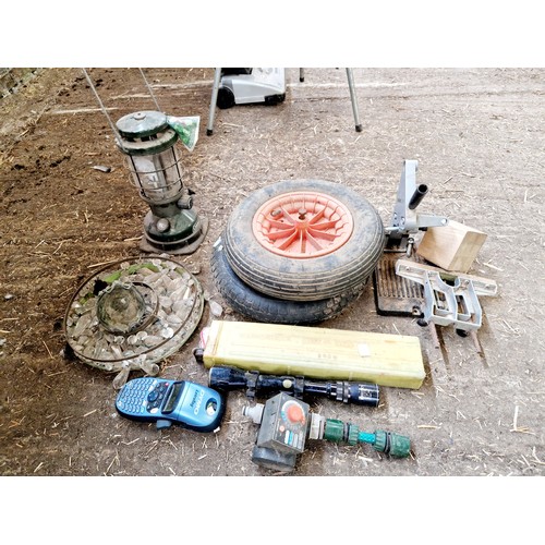 434 - Two wheel barrow wheels, cut glass chandelier, Tilley lamp etc.