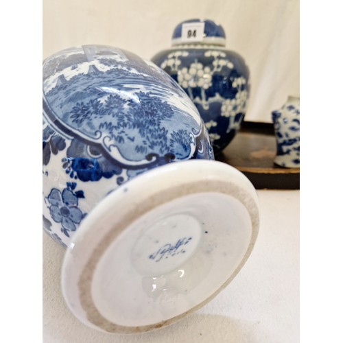 94 - Blue and white ware incl. a Delft handled vase, Chinese vase and covered vase