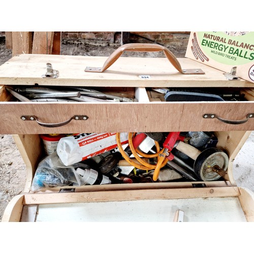 534 - Carpenter's wooden toolbox and tools and two wooden saw horses/trestles