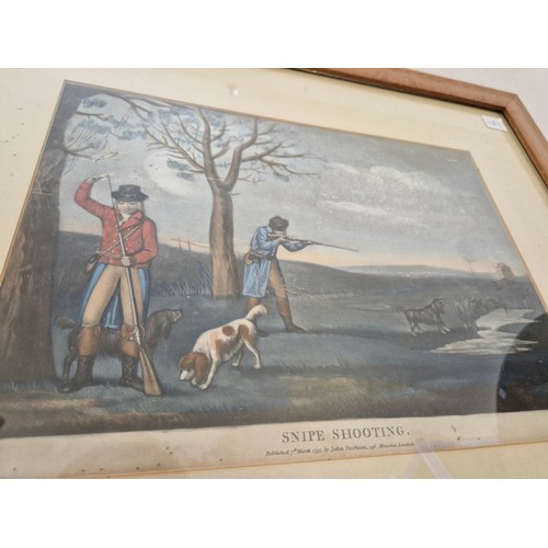 22 - A pair of over painted sporting prints Snipe and Partridge shooting, published 1797 by John Fairburn