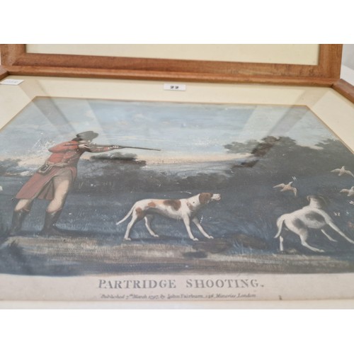 22 - A pair of over painted sporting prints Snipe and Partridge shooting, published 1797 by John Fairburn