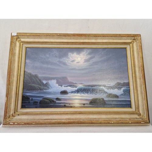 24 - Alan Dinsdale (b. 1939) acrylic of a moonlit seascape signed lower left approx. 60cm x 35cm