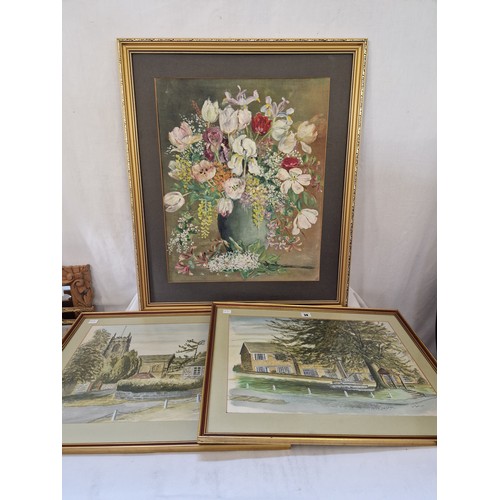 30 - Two William Guest watercolours of street scenes and an acrylic still life